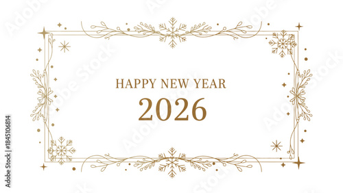 Golden decorative frame with Happy New Year 2026 text on a white background with floral patterns and stars.