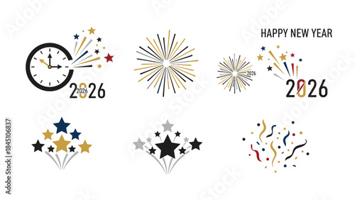 Flat lay of colorful 2026 New Year's Eve icons with fireworks, stars, and clock striking midnight on a white background with a celebratory mood.