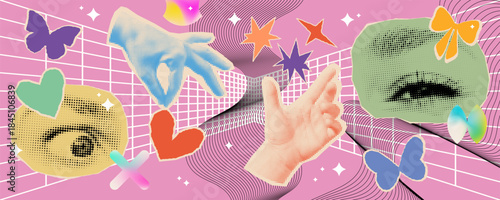Creative collage with hands and eyes. Contemporary art with halftone and cut out elements. Trendy vector sticker set