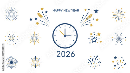 A festive graphic design featuring a clock striking midnight surrounded by colorful fireworks and starbursts in blue, gold, and white hues, with 'HAPPY NEW YEAR' and '2026' text on a clean