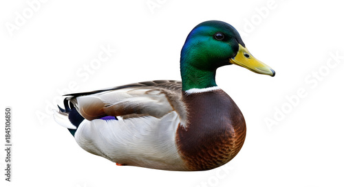 Detailed close up photograph features a male mallard duck with its distinct iridescent green head and bright yellow bill isolated against a transparent background perfect for wildlife design projects