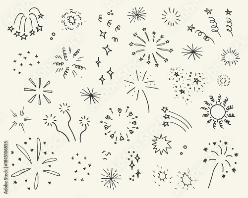 Funny doodle fireworks with stars and sparks. Linear lightning, explosion, sunburst, bling effect set