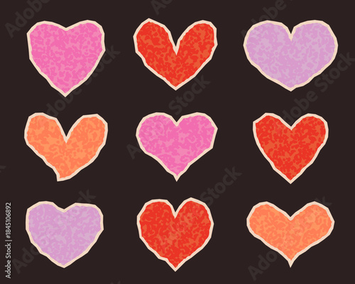 Textured paper cut hearts collection. Love shapes with torn edge for scrapping or social media collage