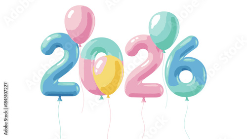 Colorful balloons in the shape of numbers spelling out 2026 on white background, conveying a happy new year mood with bright colors.