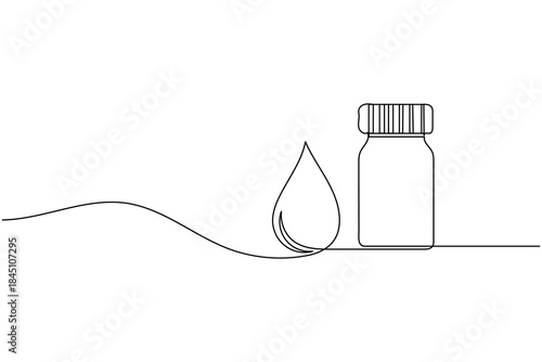 One Line Drawing of Medicine Bottle and Droplet - Liquid Medication and Dosage