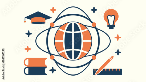 Education, learning and knowledge concept with globe, graduation cap, books, lightbulb, pencil and ruler on cream background, symbolizing academic success and intellectual