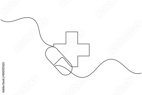 Continuous Line Drawing of Pill Capsule with Medical Cross - Pharmacy and Treatment