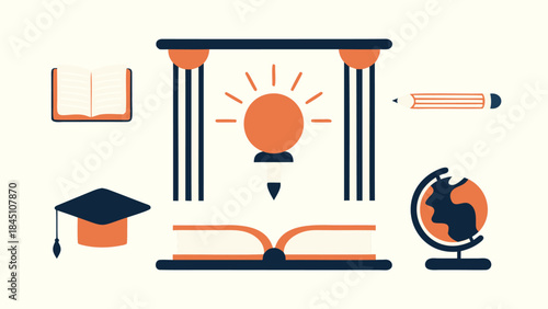 Education icons set including graduation cap, book, globe, and lightbulb, symbolizing learning and knowledge
