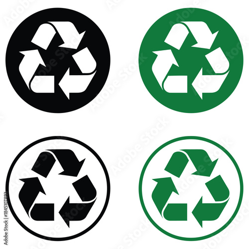 A comprehensive set of four universal recycling symbols depicting sustainability and environmental protection principles in various styles