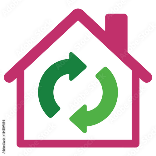 A vibrant minimalist house outline with green recycling arrows symbolizing sustainable living and ecofriendly home management