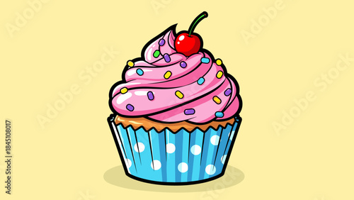 Cartoon cupcake with pink frosting, sprinkles, and a cherry on top.