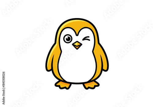 A cartoon penguin with yellow feathers and a white belly is winking with one eye closed and the other open.