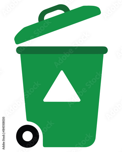 Green plastic recycling bin with open lid and wheels featuring a prominent white triangular symbol for waste management and ecological awareness