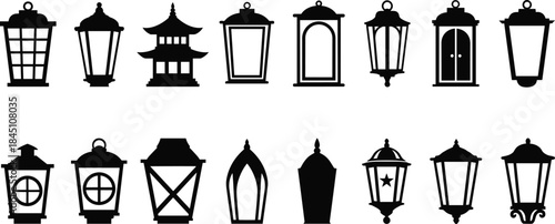 Lantern and street lamp silhouettes collection isolated on white background, vintage outdoor lighting icons for decor, architecture, illustration, design projects