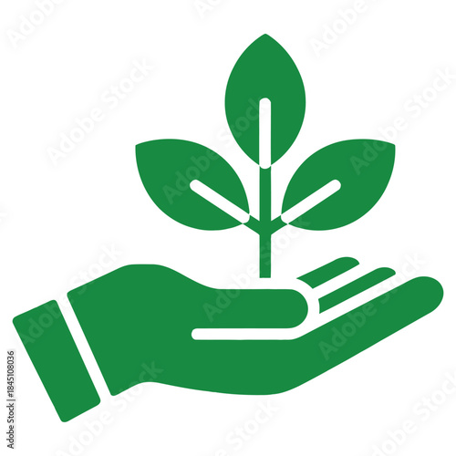 Green hand holding a small plant with three leaves symbolizing growth ecology and environmental care