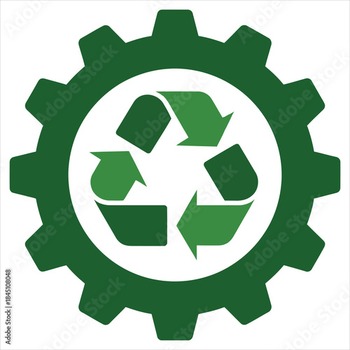 Green gear with a prominent recycling symbol representing ecofriendly industrial processes and sustainable development concept