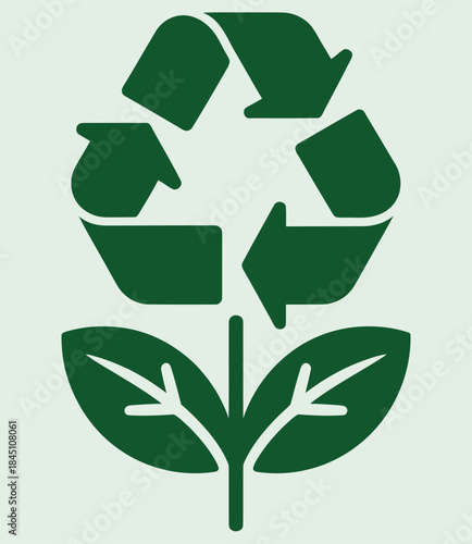 Green recycling symbol combined with a growing plant stem and leaves symbolizing environmental sustainability and ecology