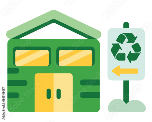 Green sustainable house illustration with a clear recycling sign pointing to an ecofriendly future