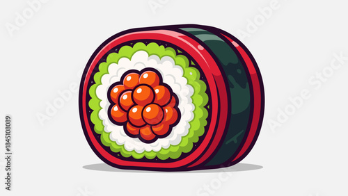 Cartoon sushi roll with red outer layer, green filling, and orange roe, isolated on white.