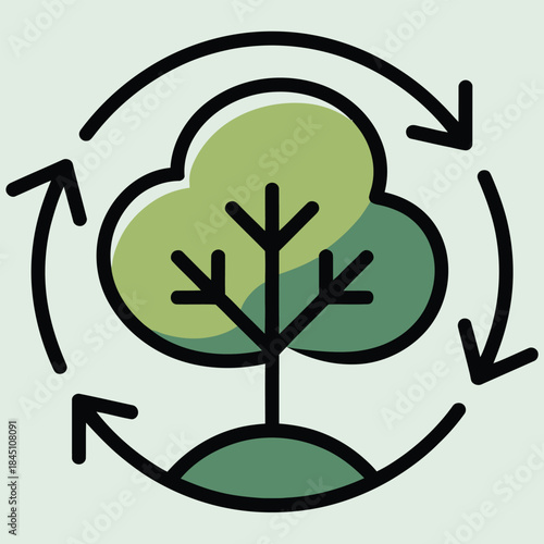 Green tree icon encircled by cyclical arrows representing ecology sustainability and environmental protection concept