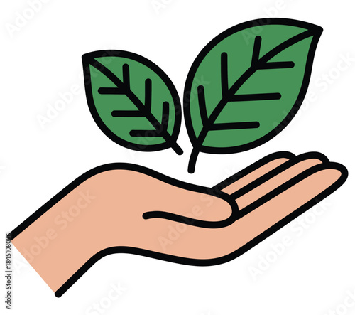 Human hand gently nurturing two vibrant green leaves symbolizing environmental protection and sustainable growth for a better future