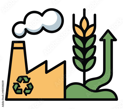 Sustainable industry and agricultural growth concept featuring a factory with recycling and a rising wheat stalk