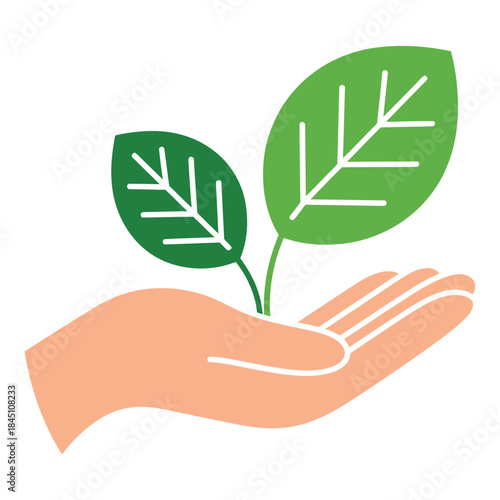Symbolic illustration of a nurturing human hand protecting tender green plant seedlings representing ecological sustainability