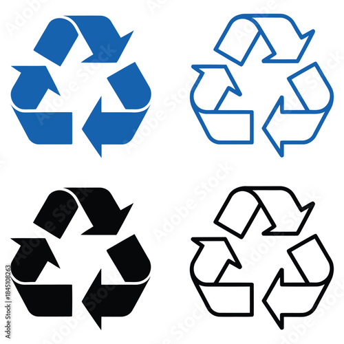 Universal recycle symbol collection featuring blue and black variations in both solid and outline styles for environmental sustainability concepts