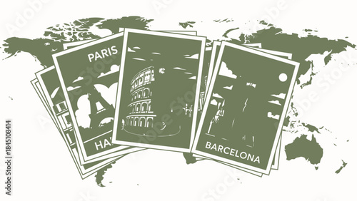 Olive green postcards of paris, rome, and barcelona on a world map background