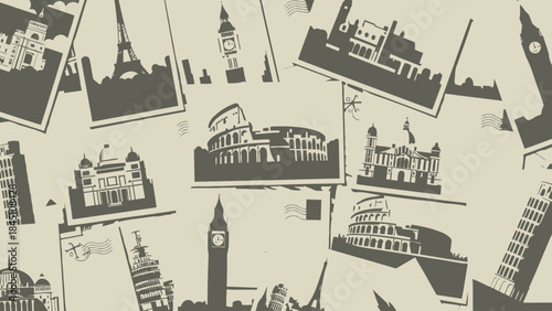 Monochrome cityscape collage with iconic landmarks and polaroid photos on beige background