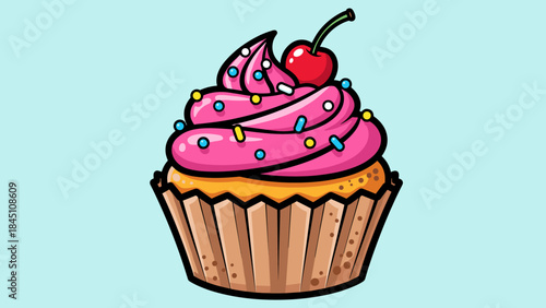 Illustration of a cupcake with pink frosting, sprinkles, and a cherry on top.