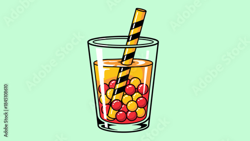 Illustration of a glass filled with a yellow drink, red and yellow boba, and a striped straw.