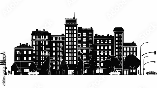 Silhouette of a City Skyline with Buildings and Trees.