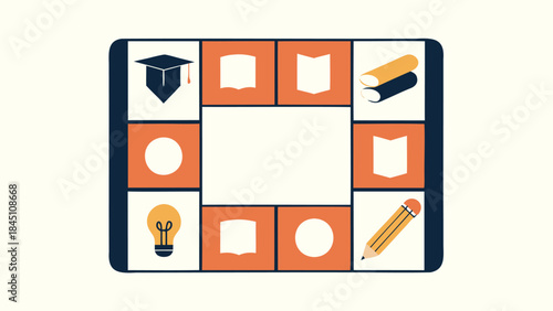 Flat design educational icons on a tablet screen including graduation cap, books, pencil, and light bulb on a white background for learning and academic purposes