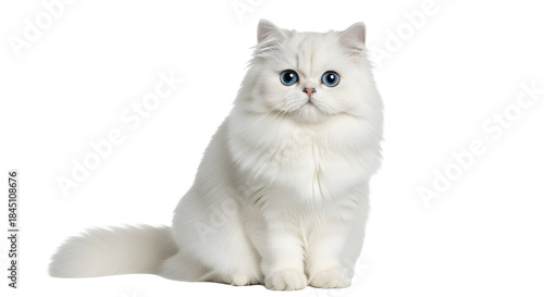 Adorable pure white persian cat with striking bright blue eyes sitting elegantly isolated on black