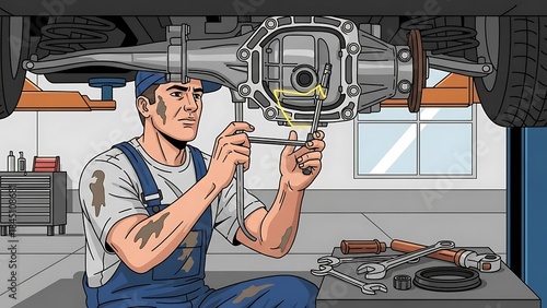 Professional Auto Mechanic Repairing Car Differential in Garage Workshop Illustration.