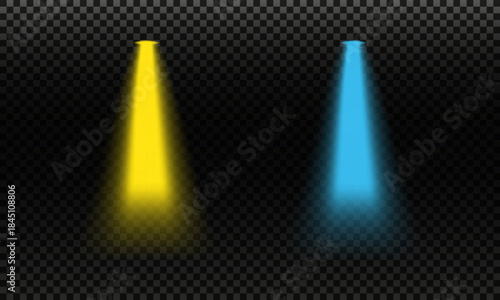 Set of yellow and blue spotlights. Glowing light beams isolated on transparent background.