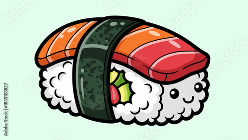 Cartoon sushi with salmon and tuna, wrapped in seaweed, with a cute face.
