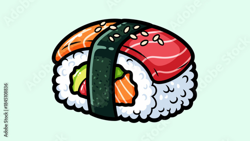 Cartoon sushi roll with salmon, tuna, avocado, and seaweed, on a light green background.