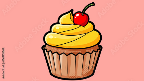 Cartoon cupcake with yellow frosting and a cherry on top, on a pink background.