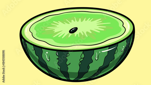 Illustration of a green watermelon cut in half on a yellow background.