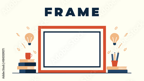 Flat design empty picture frame with books, coffee cup, pencils, and light bulbs on cream background for creative concept