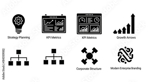 Modern business analytics and strategic management icon set, perfect for illustrating growth, corporate structure, and performance metrics