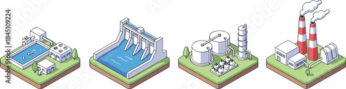 Isometric power generation stations illustration set, hydroelectric dam, water treatment, oil refinery and thermal power plant energy concepts
