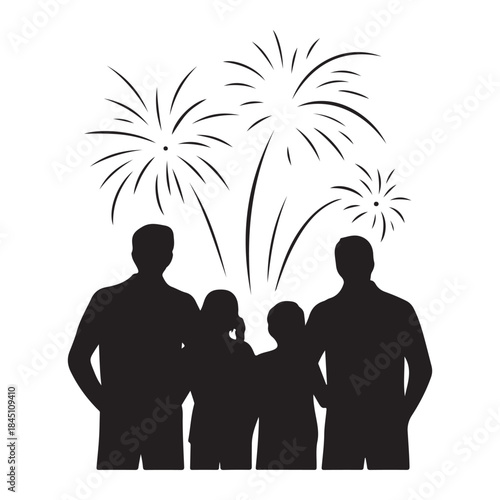 Family watching fireworks Silhouette on independence day celebration together at night