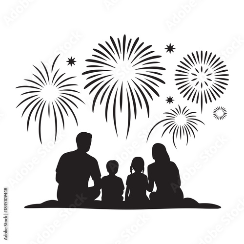 Family watching fireworks Silhouette on independence day celebration together at night