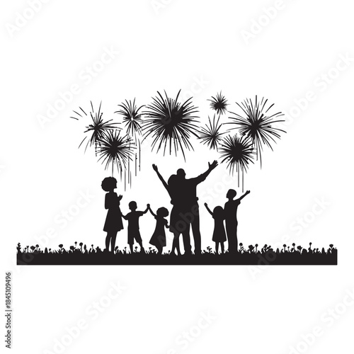 Family watching fireworks Silhouette on independence day celebration together at night