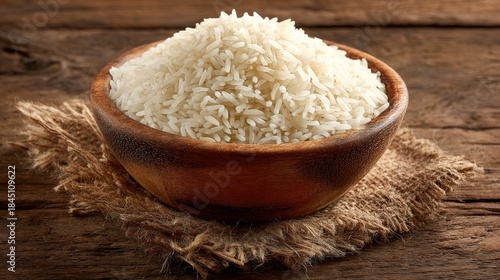 Mound of long grain white rice fills a rustic wooden bowl resting on burlap cloth