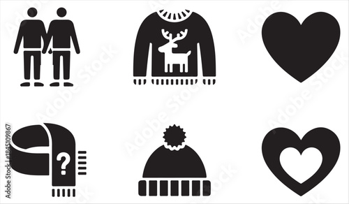Solid black winter icons set for family love clothing and holiday themes
