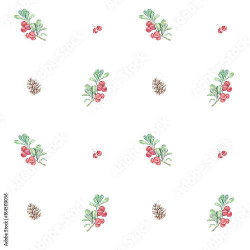Seasoned winter watercolor pattern with red berriyes